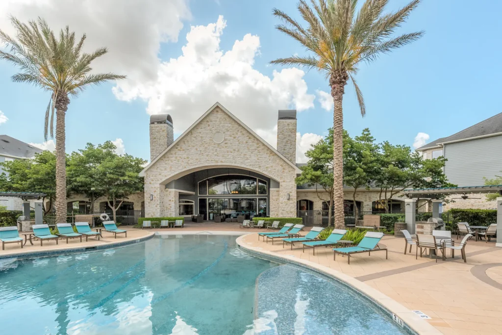 Pool with covered deck seating